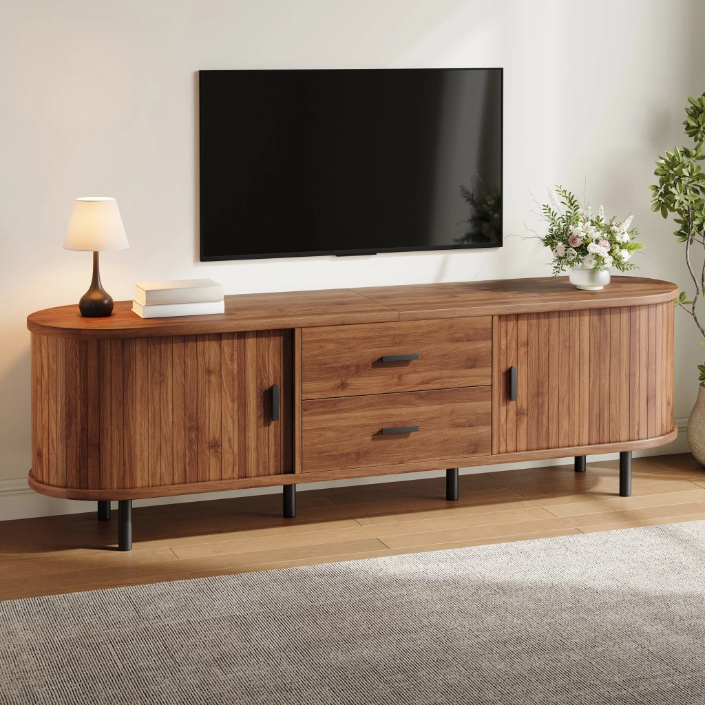Mobile TV con 2 ante scorrevoli e 2 cassetti; per soggiorno; in MDF e PB; 160×40×55 cm; noce