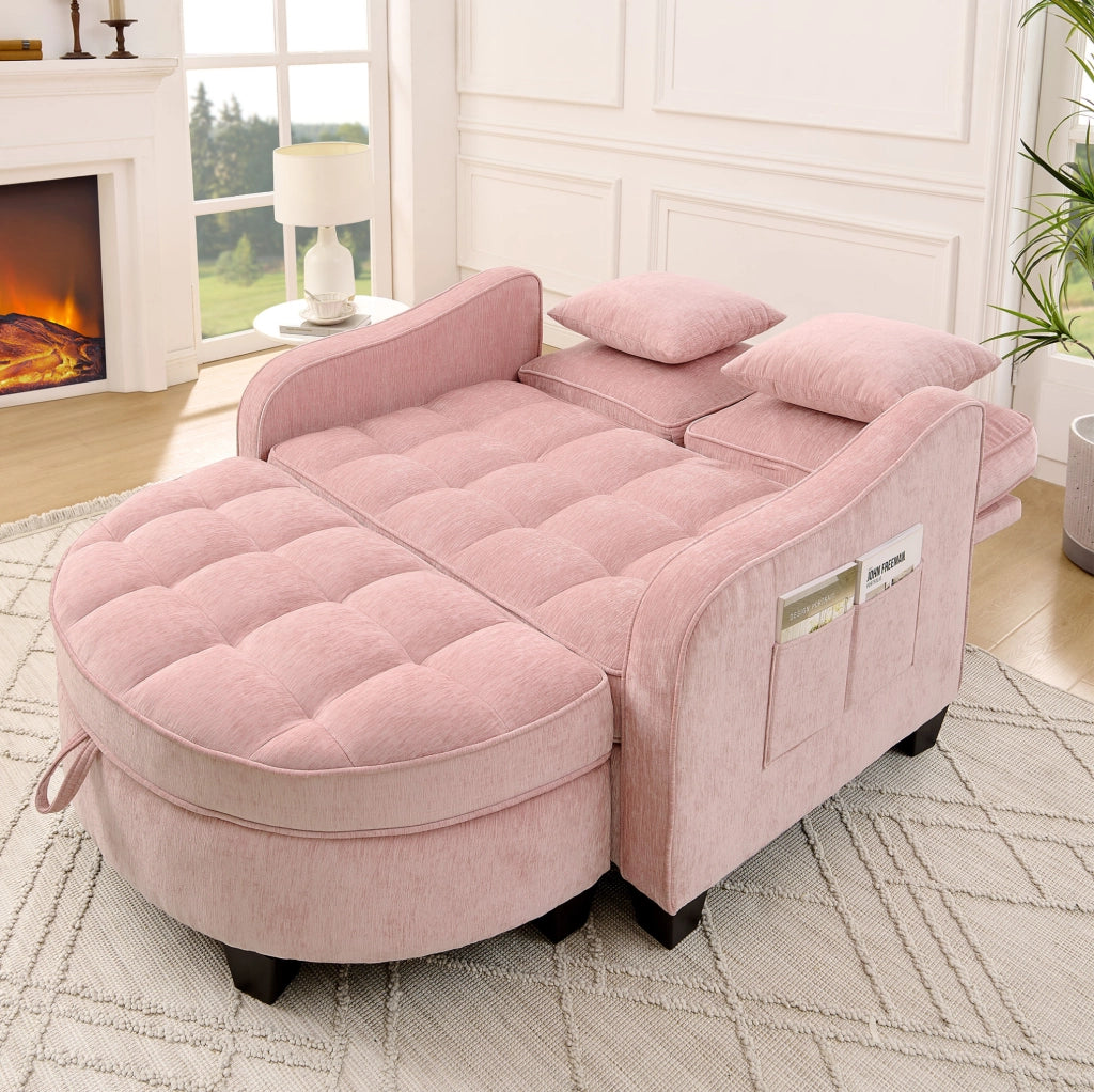 Divano letto 2 in 1 trasformabile con pouf contenitore 132x129x93 cm in tessuto rosa
