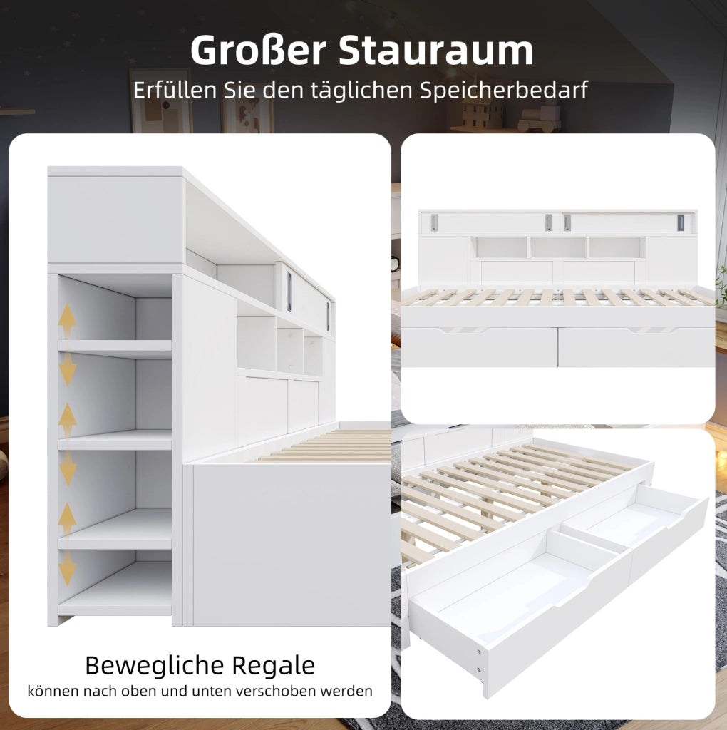 Letto contenitore 140x200 cm in MDF bianco con cassetti