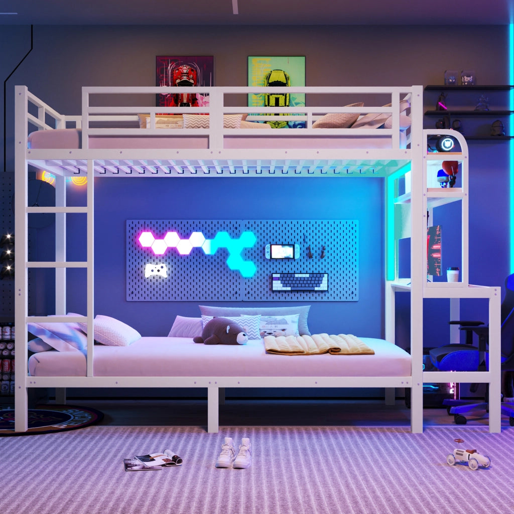 Letto a castello 90 × 200 cm con scrivania, ripiani, LED, USB, barriere di sicurezza, senza materasso, bianco