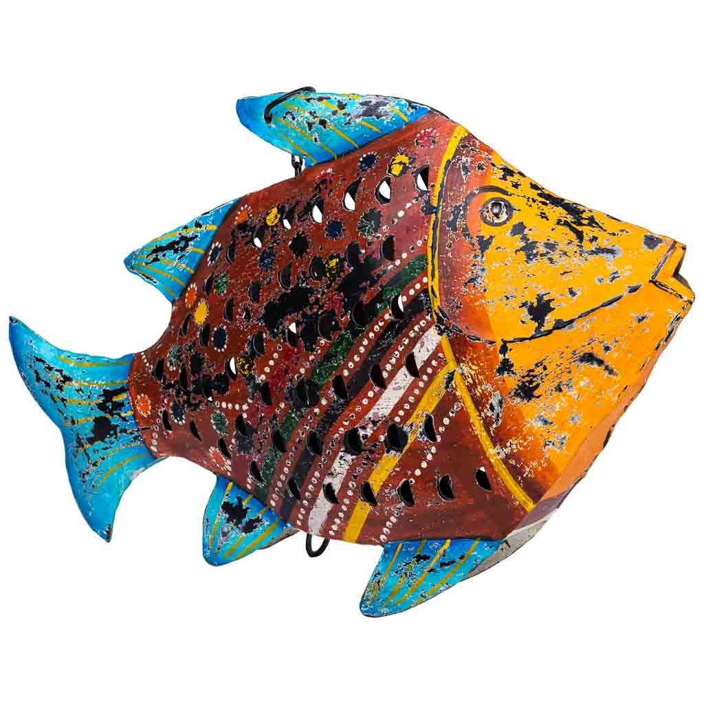 Portacandele pesce in metallo invecchiato 50x10x32