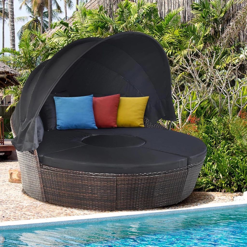 Letto Isola da Giardino, Divano Prendisole con Tettuccio Retrattile, con Sedili Cuscini Impermeabili Sfoderabili, Tavolino Regolabile in Altezza (Nero)