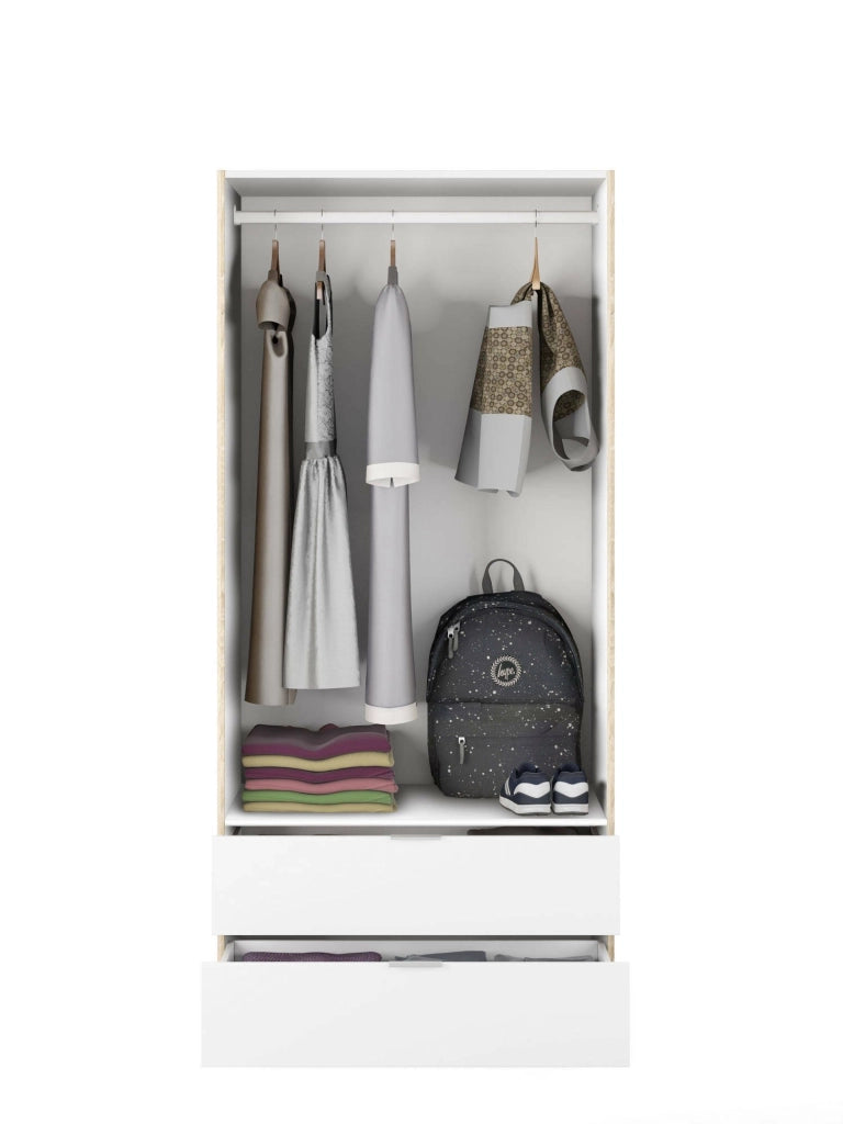 Guardaroba Appadu, Armadio per camera da letto a 2 ante e 2 cassetti, Mobile con barra appendiabiti, cm 82x52h180, Bianco e Rovere