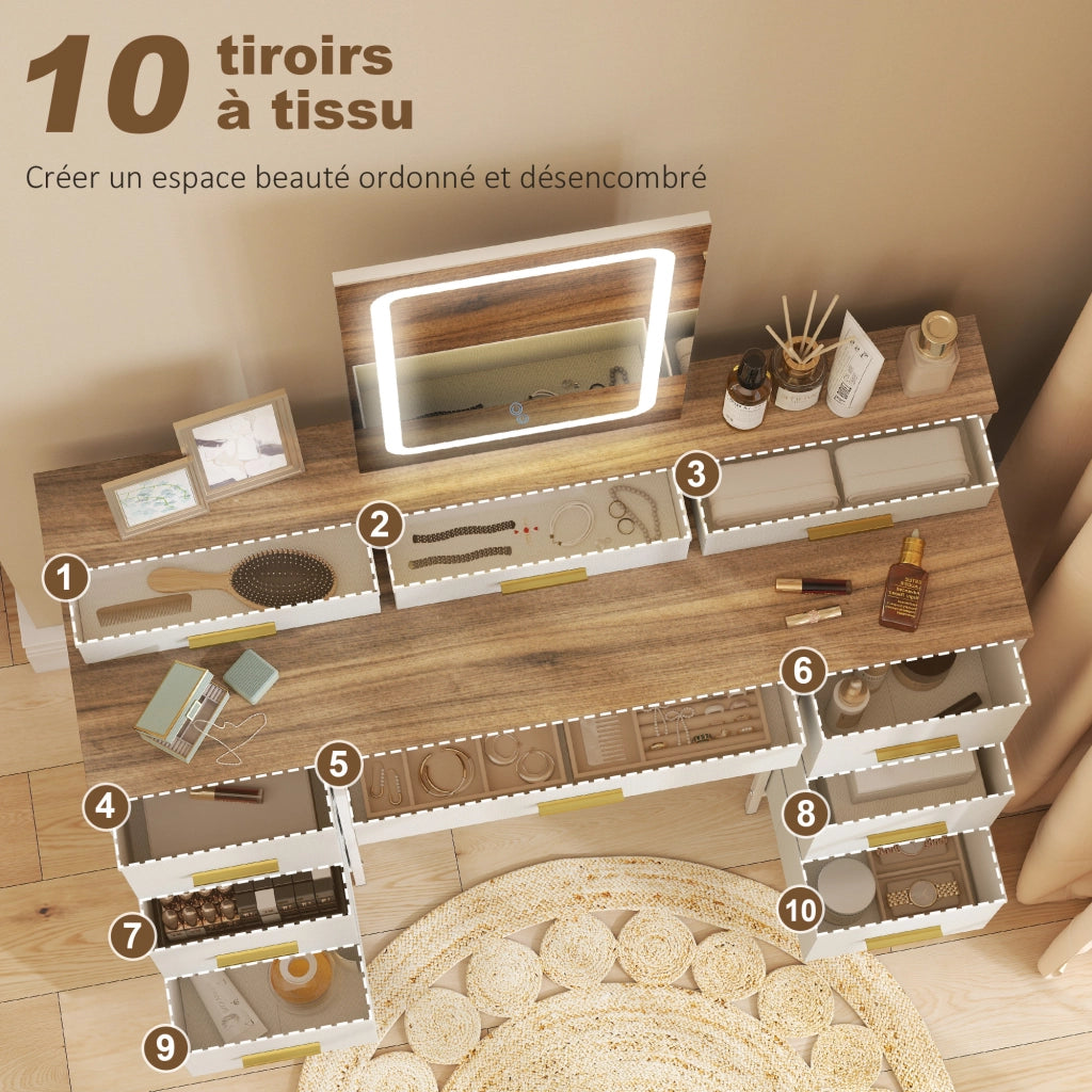 Scrivania trucco con specchio e luci LED ¨C Zephmum ¨C 118.5x39.5x140 cm naturale