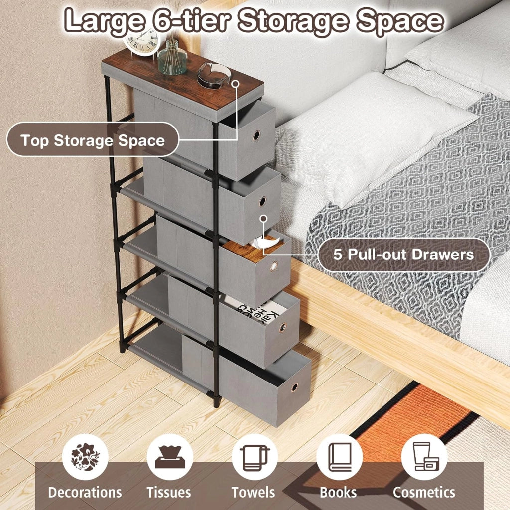 Cassettiera Stretto con 5 Cassetti in Tessuto Estraibili e Pieghevoli, Comò Camera da Letto con Telaio in Metallo, Mobile per Camera da Letto, Soggiorno, Ufficio, 40 x 19 x 100 cm (Grigio)