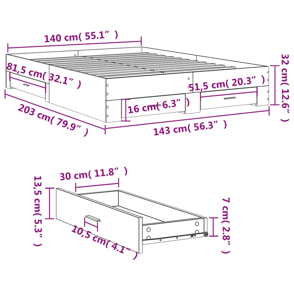 Letto matrimoniale | Letto per adulti | Giroletto Cassetti Grigio Cemento 140x200 cm Legno Multistrato