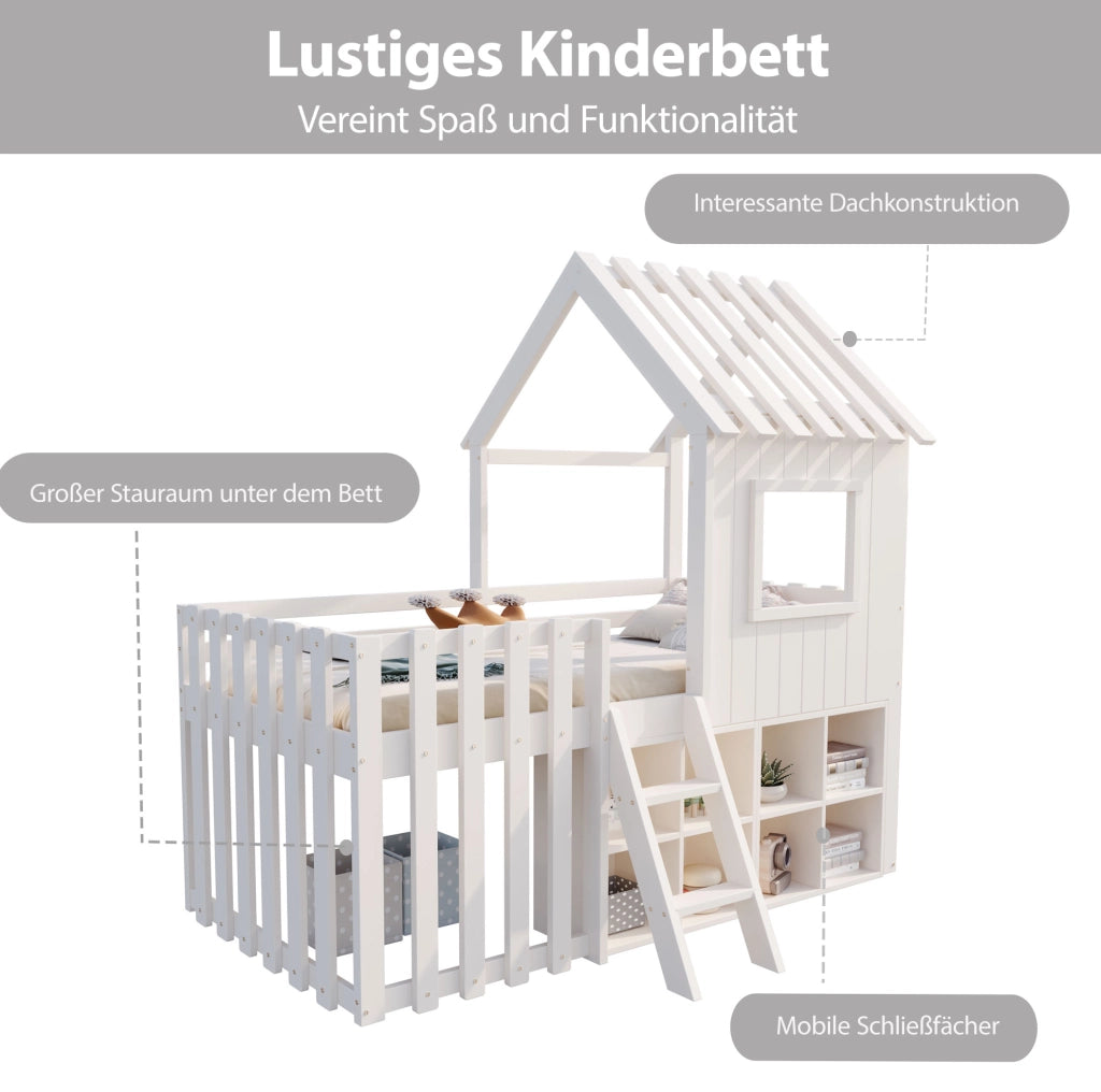 Letto a soppalco per bambini 90x200 cm con tetto e contenitori; bianco
