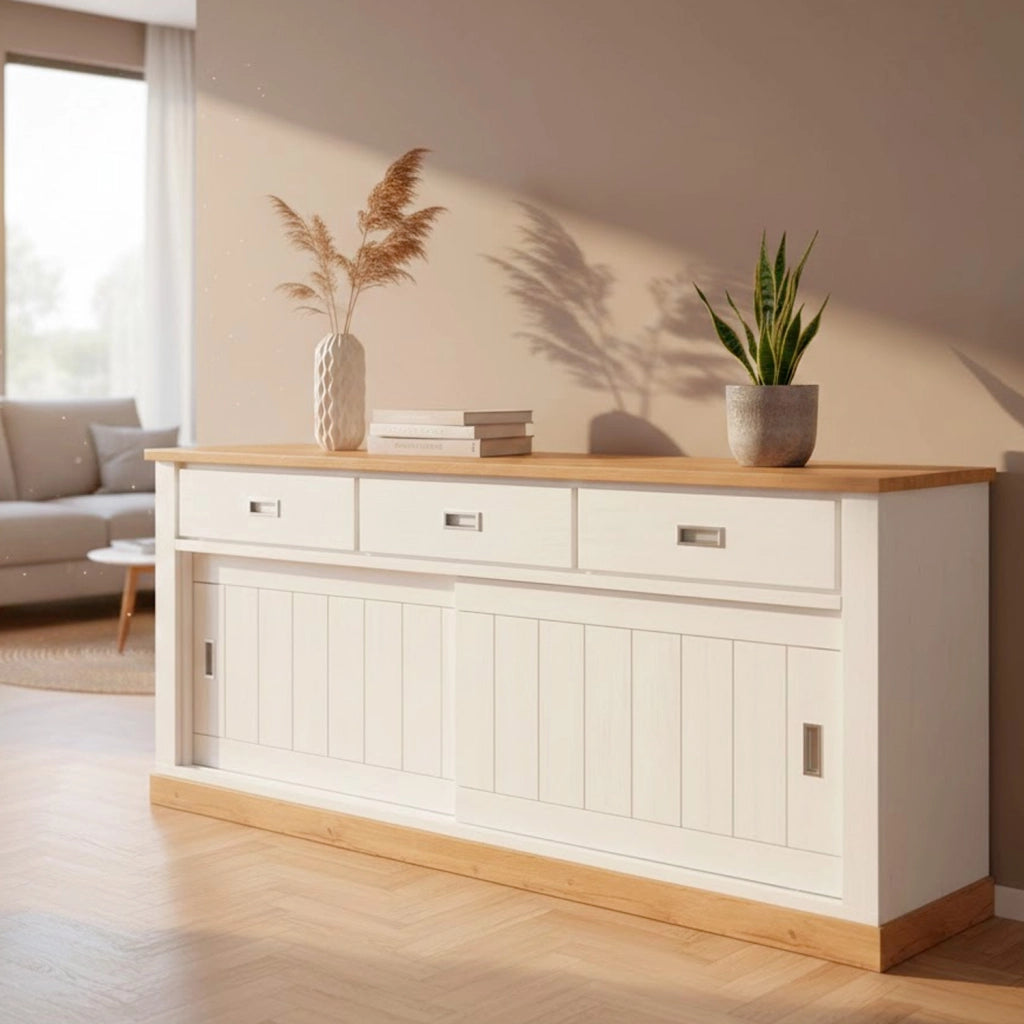 Credenza Soggiorno 3 Cassetti 2 Ante Scorrevoli 4 Ripiani Interni Mobile Madia Buffet Dispensa Cucina Zona Living Design Classico Moderno 220 x 50 x 95 Cm Bianco E Rovere