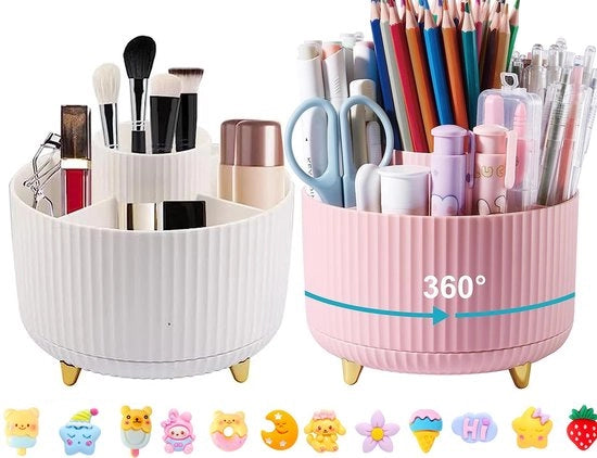 Penholder Rotativo a 360 Gradi, 5 Compartimenti per Pennarelli, Organizzatore per Pennarelli, Penholder per Ufficio, Scuola, Archiviazione Casa (Bianco + Rosa)