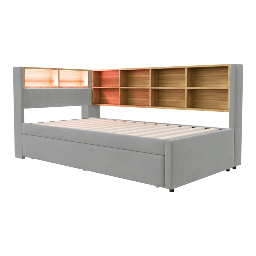 Divano letto multifunzionale 90x200 cm con letto estraibile 90x190 cm, luci LED, prese multimediali, vani contenitore, flanella, grigio chiaro
