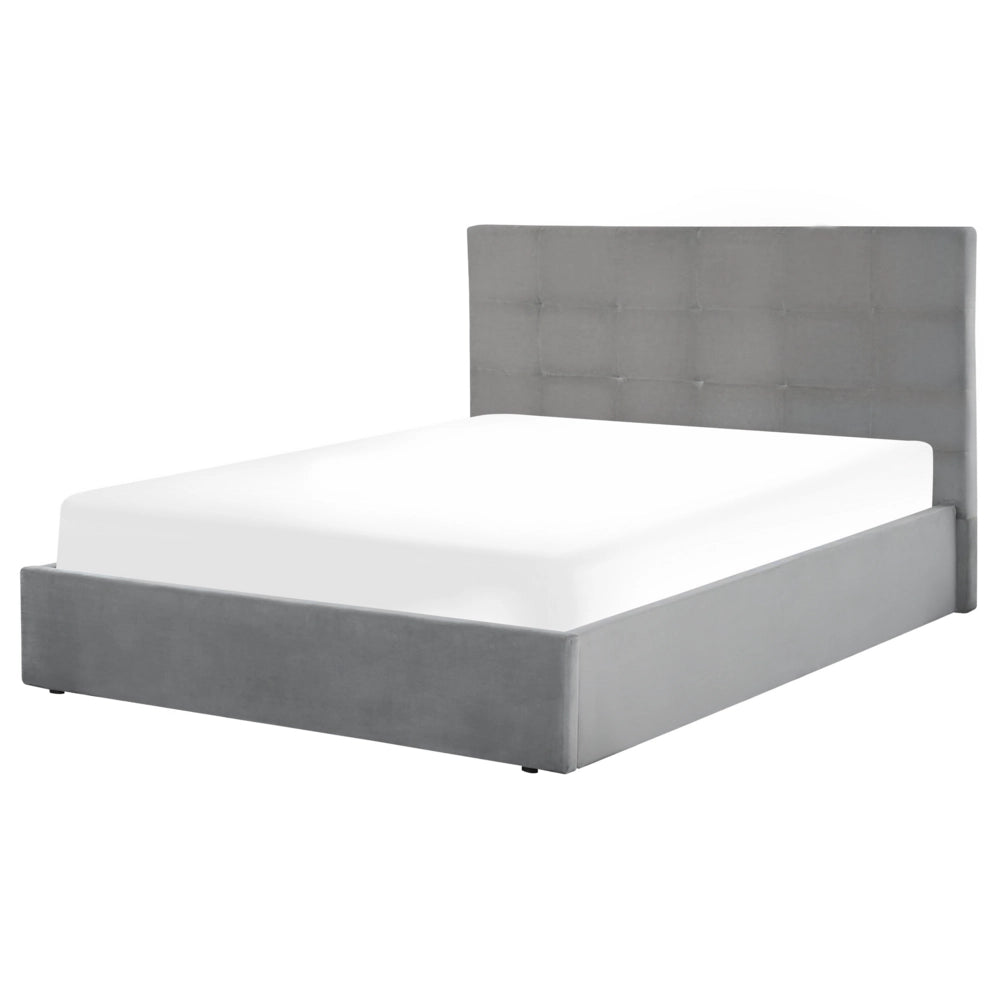 Letto matrimoniale con contenitore portaoggetti e testiera imbottita 160x200 cm in velluto grigio