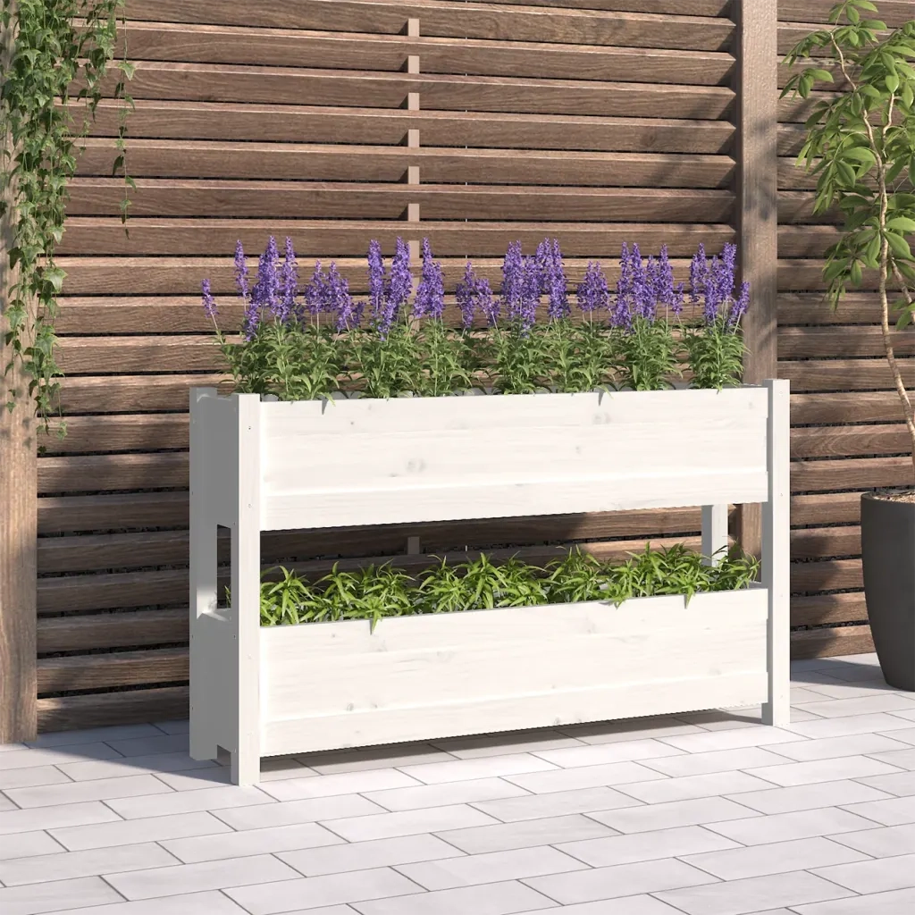 Fioriera-Vaso-Contenitore per Piante Bianca 112x25x66 cm in Legno Massello di Pino