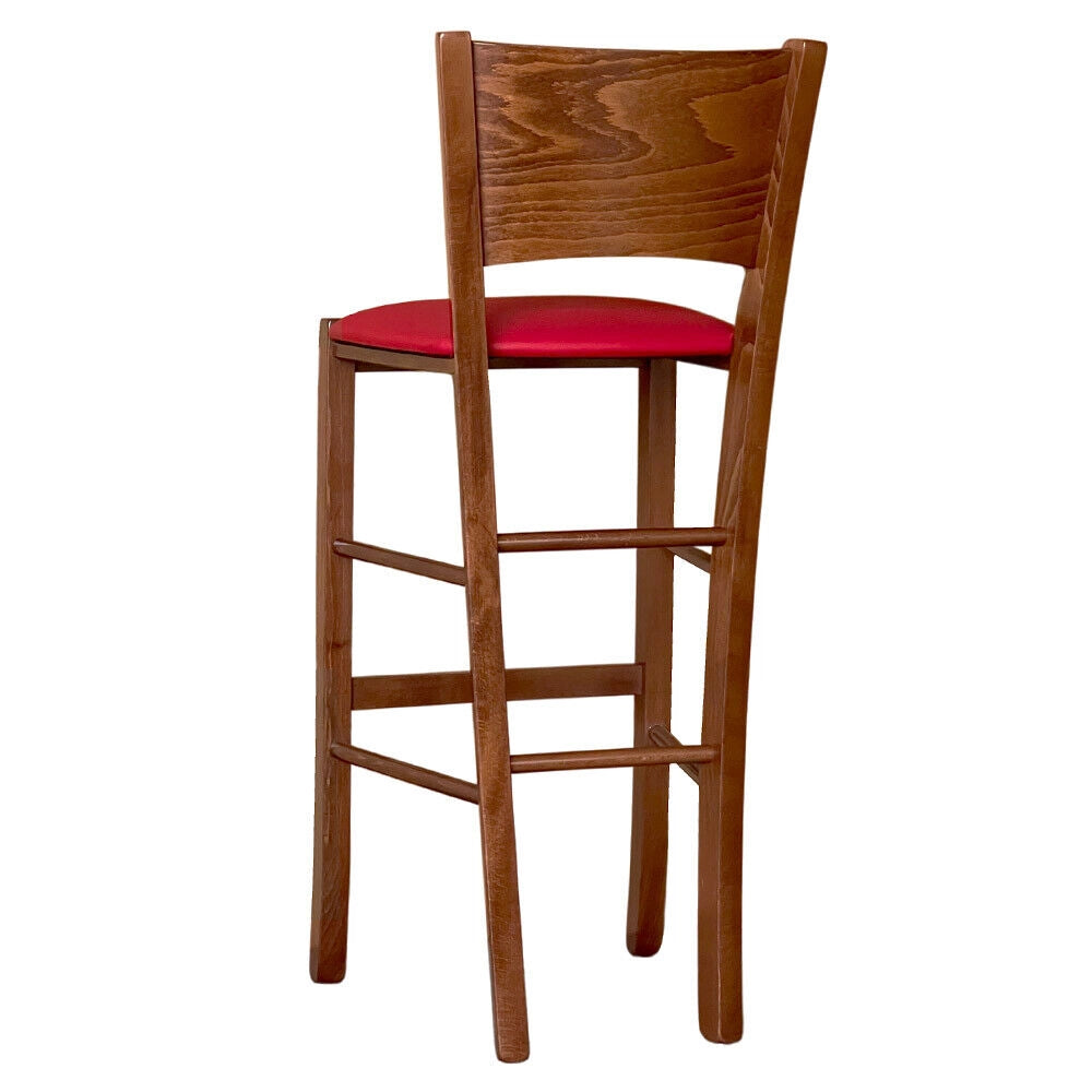 Sgabello alto da bar lucy in legno noce scuro h 73 con seduta in ecopelle rosso