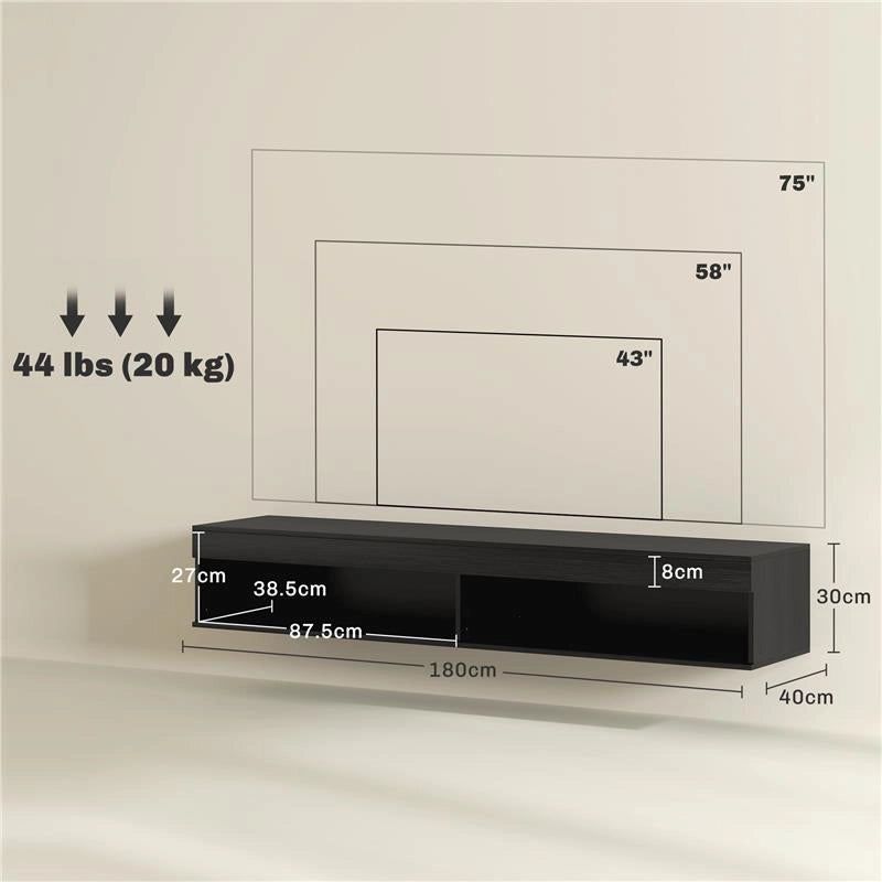 MOBILE PORTA TV FINO 75" SOSPESO CON LUCI LED 16 COLORI E TELECOMANDO 180X40X30 CM NERO