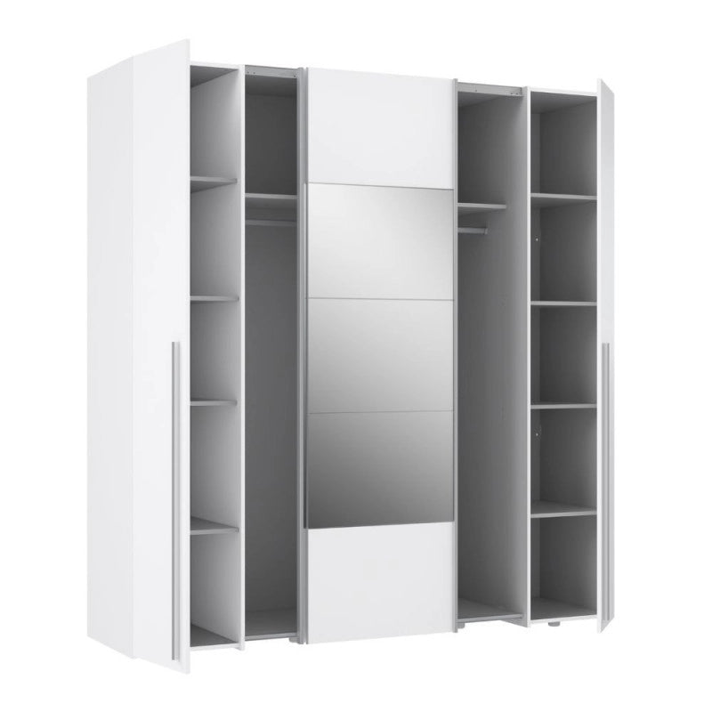 Armadio Callia 2 ante battenti bianco e 2 ante scorrevoli con specchio 200.1x61.2xH210.5 cm.