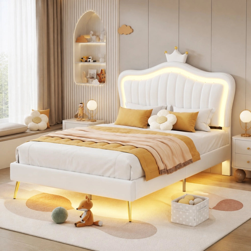 Letto imbottito per bambini 90 x 200 cm con LED; testiera regolabile e rete a doghe; bianco