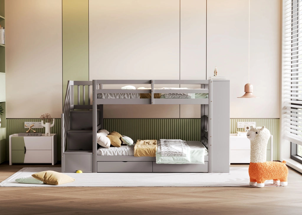 DESMIU Letto a castello 2 posti con scala contenitore, 2 cassetti e armadio grande 90 × 200 cm senza materasso Grigio