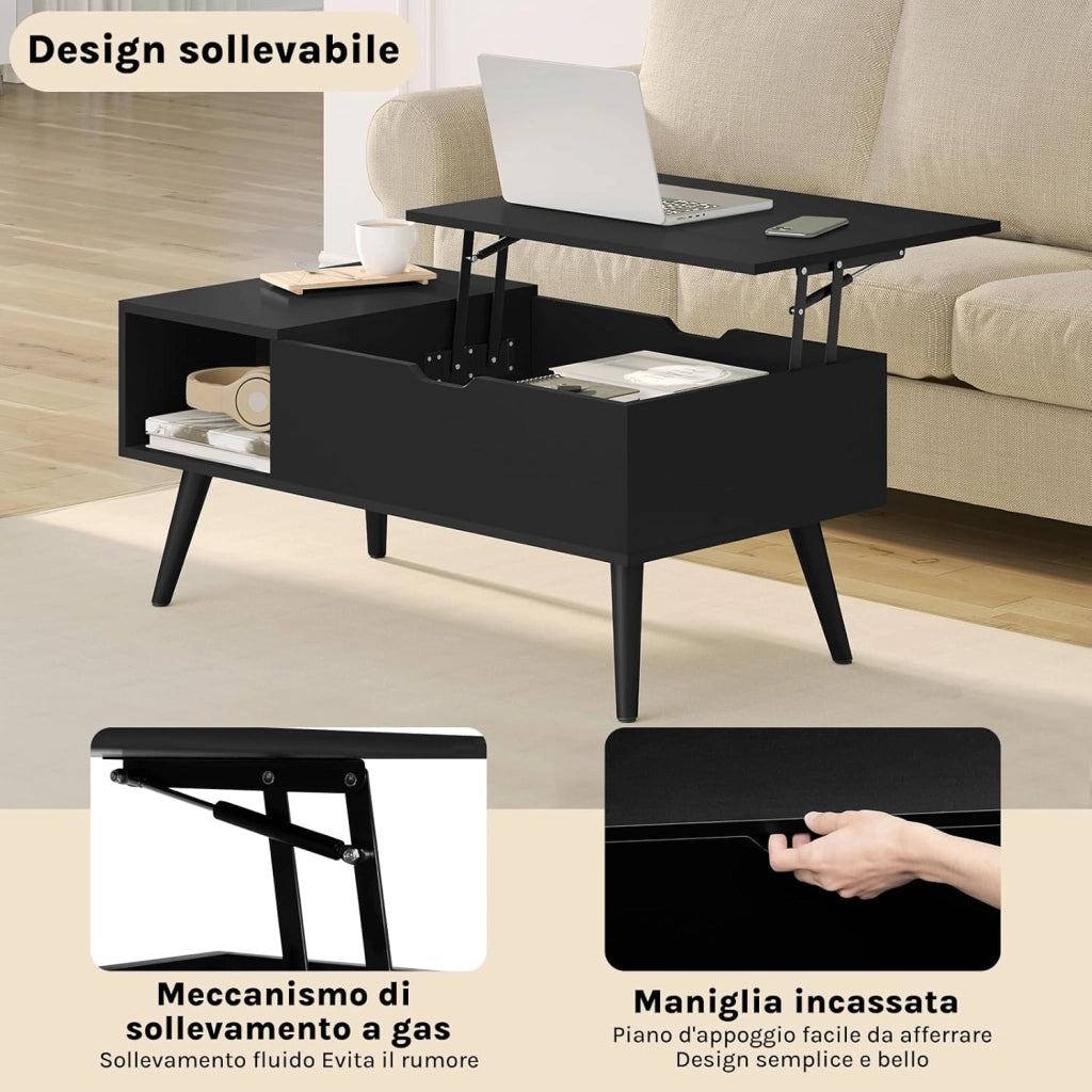 Tavolino da Caffè Sollevabile e Allungabile, Tavolo con Spazio Interno e Scomparto Aperto, Tavolino da Salotto per Soggiorno, 100x50x(43-57) cm, Nero, BTS26sz