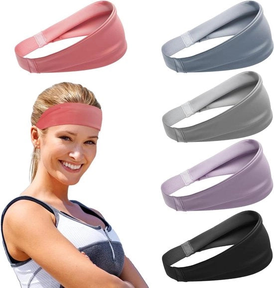 Sporthoofdband per 5 unità - per donne - antislip elastico - bandana per la testa in seta - per attività sportive - per yoga - corsa - fitness - palestra - allenamento - tennis.