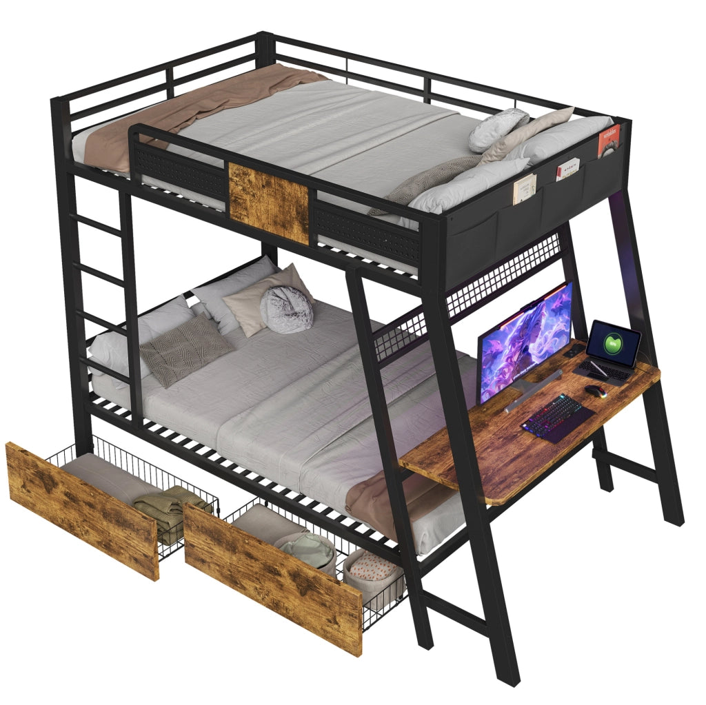 Letto a castello in metallo 90x200 cm con scrivania integrata e LED