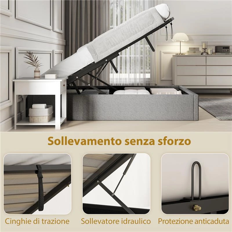 LETTO CONTENITORE MATRIMONIALE 190X140 CM, DOGHE IN LEGNO, PISTONE A GAS E RIVESTIMENTO IN TESSUTO, GRIGIO