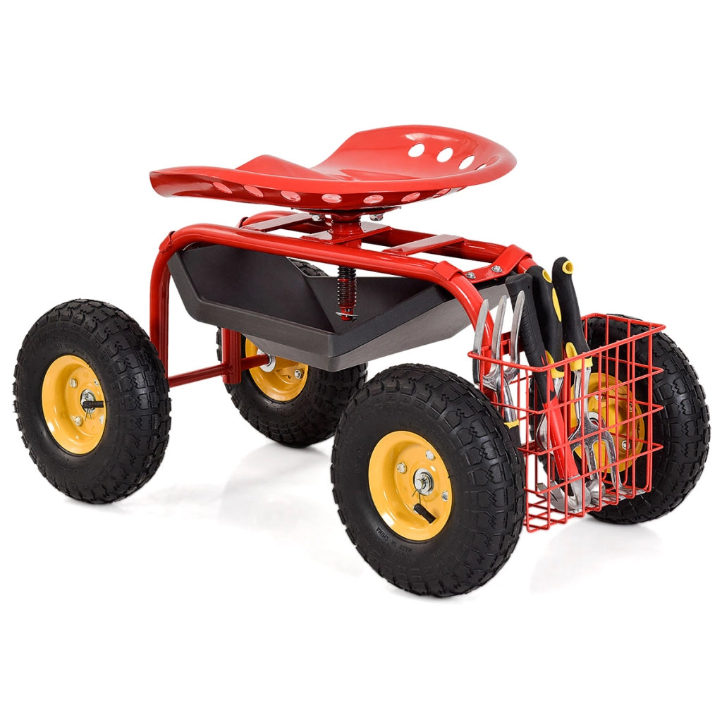 Sgabello da giardino con ruote seduta regolabile in altezza e girevole a 360¡ã cestello, Sedile per giardinaggio Rosso-Attrezzi da giardino