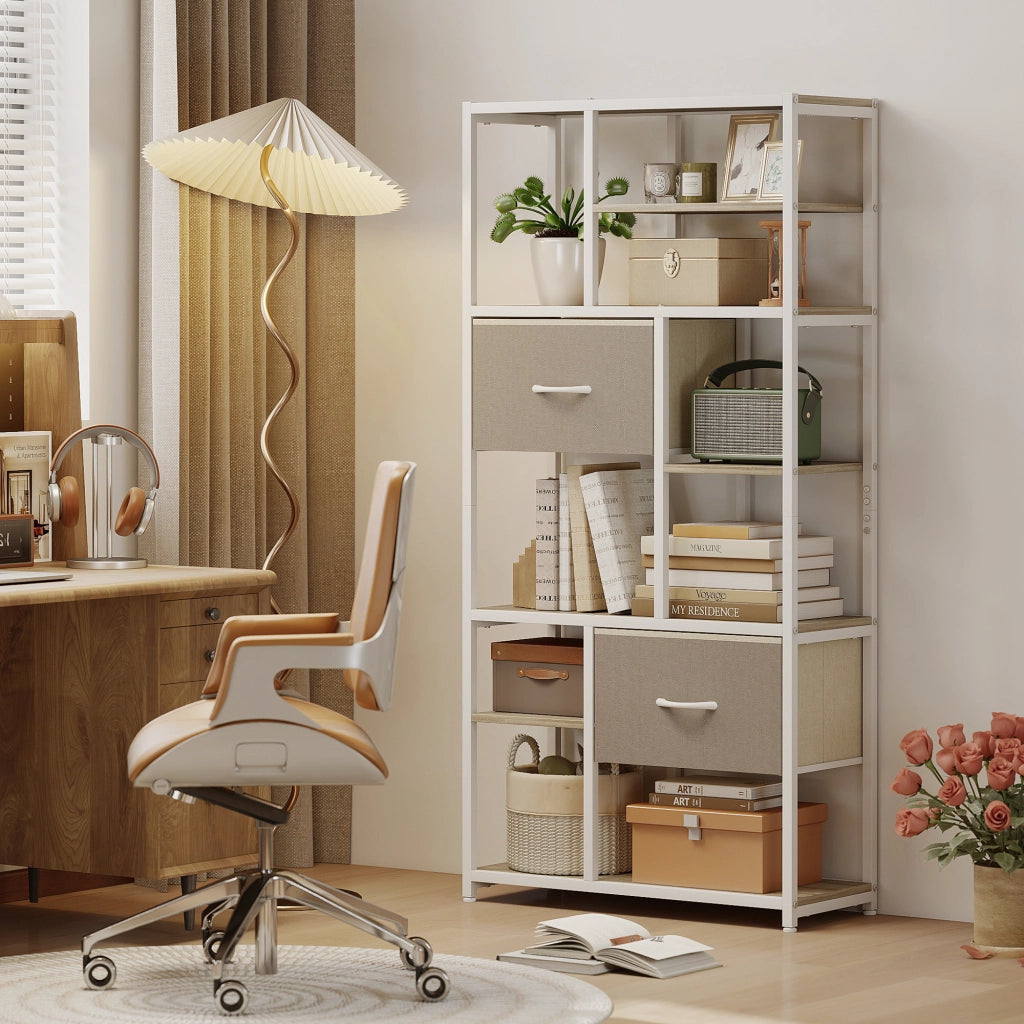 Libreria con 2 cassetti in tessuto e 9 ripiani aperti ¨C Zephmum ¨C Bianco 72.5x30x150 cm