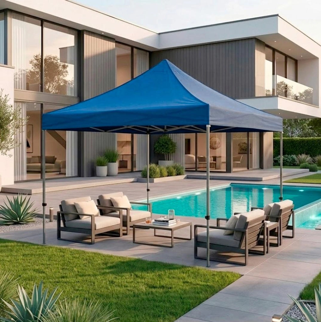Gazebo Professionale In Acciaio Richiudibile Automatico Con Telo Oxford 1200D PVC Impermeabile E Anti UV Struttura A Fisarmonica Completo Di Sacche Zavorra E Borsa Trasporto Per Sagre Feste Eventi 3x3 M Blu