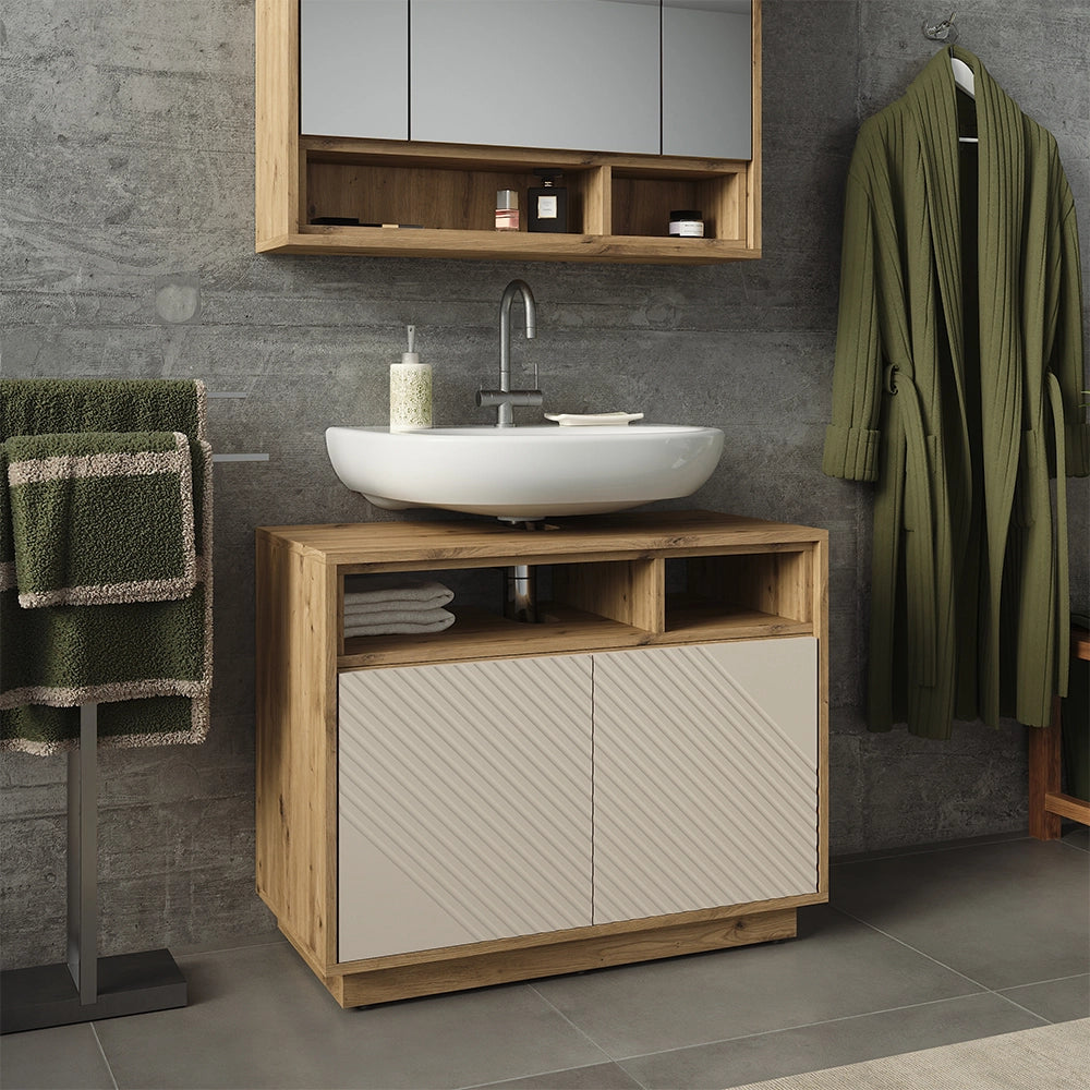 Mobile sottolavabo per bagno Beatrice Cachemire/Rovere artigianale 80 x 64 cm con 2 porte Vicco