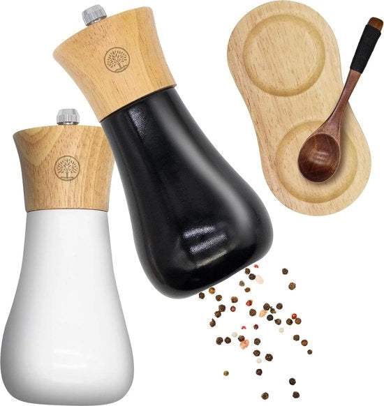 Macinapepe in Legno Hevea - Sette con Molino Ceramico Regolabile e Scodella e Piatto - Design Elegante Nero e Bianco