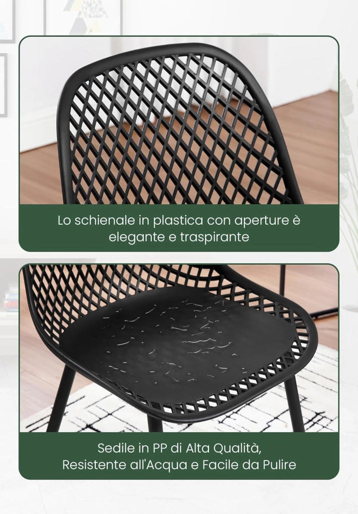 Confezione da 4 Sedie da Pranzo Sedie da Cucina con Gambe in Metallo Schienale Curvo con Design Ritagliato Seduta in PP di Alta Qualità, Sedie da Salotto e da Camera da Letto, Nero K0023EZS-4