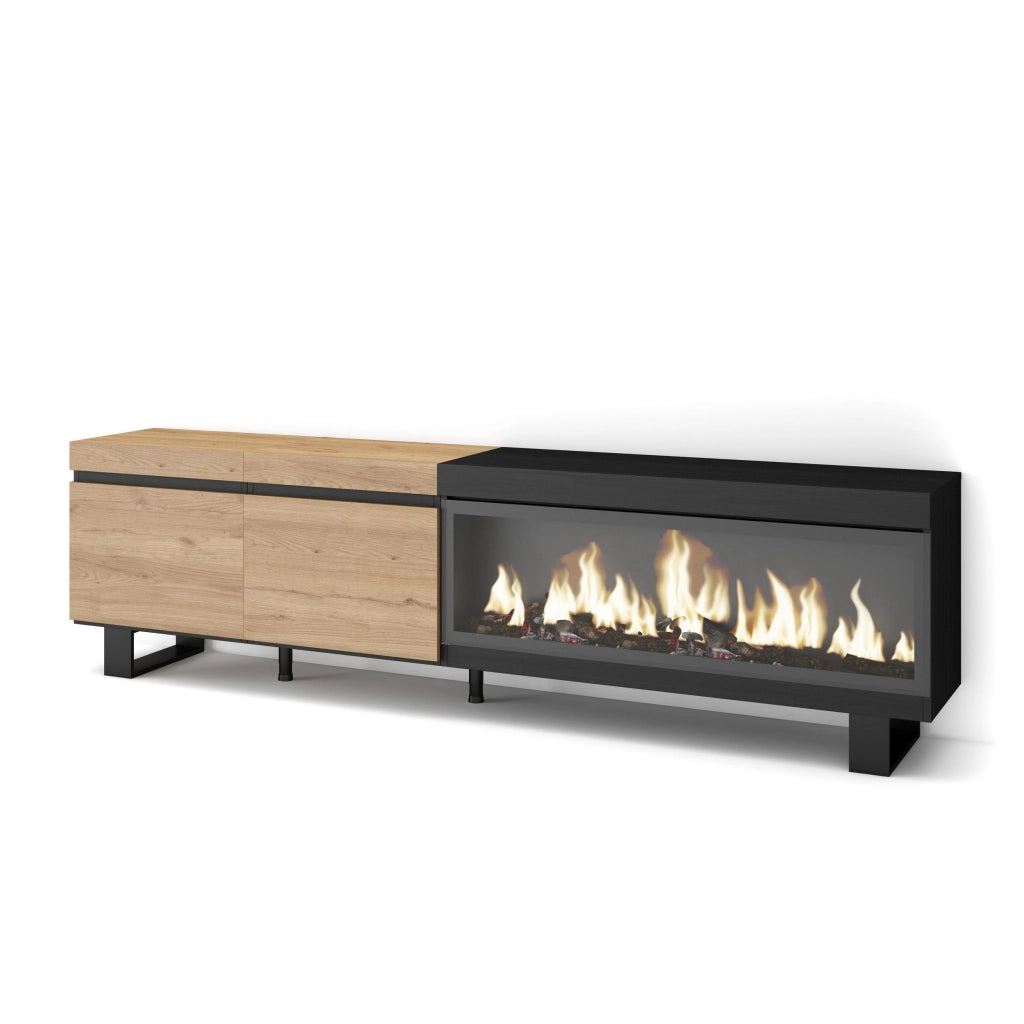 Mobile TV Soggiorno, 208x35x57cm, Per TV fino a 80", Camino elettrico XXL, Design industriale, colore Rovere e nero RF3269