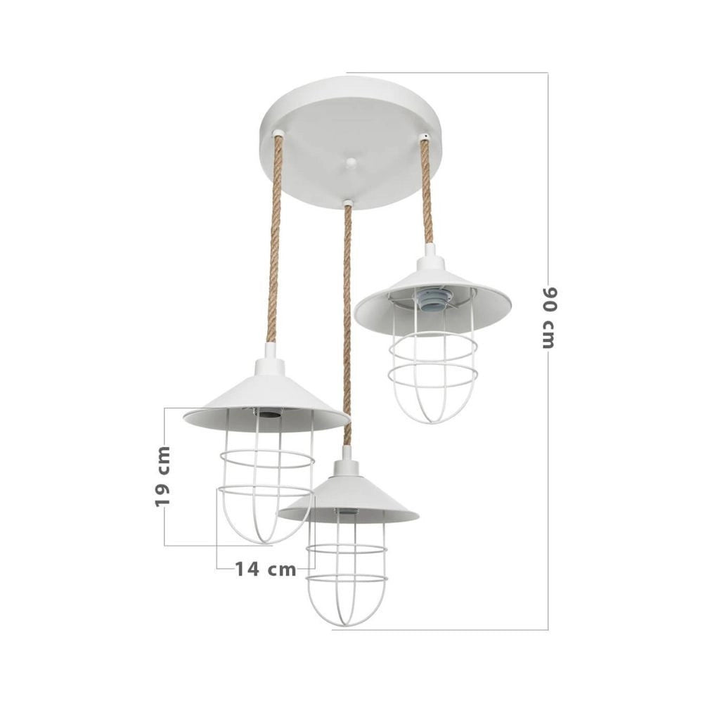 Lampada a sospensione 3 luci metallo bianco e corda Bulut ASZ0632