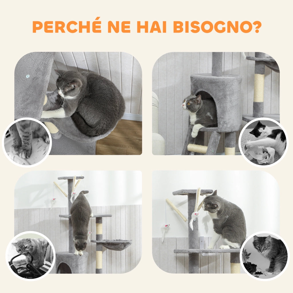 Torre per Gatti con Casetta, Trespolo e Piattaforme ¨C zephmum ¨C Grigio, Legno, 60x35x134 cm