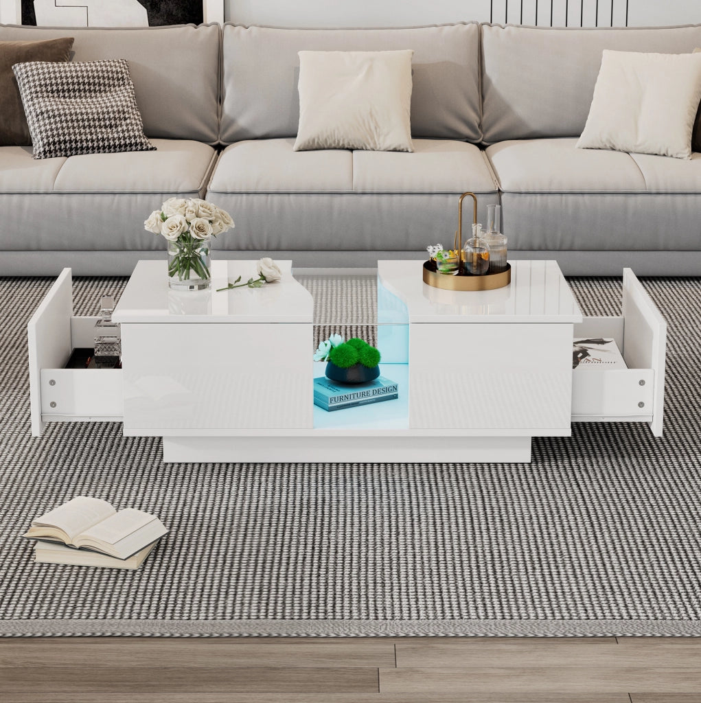 Tavolino da caff猫 100x50x35 cm; LED regolabile con 2 cassetti; MDF e acrilico; bianco