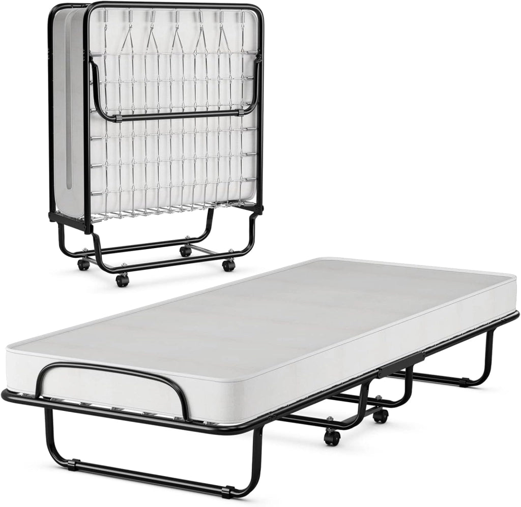 Letto Brandina Pieghevole 190x80 cm, Letto Portatile con Materasso 10 cm in Memory Foam, con Telaio in Metallo e Ruote, Carico di 130kg (Stile 1)