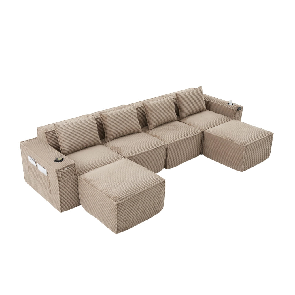 Divano modulare in corduroy khaki con portabicchieri, tasche laterali e 2 pouf