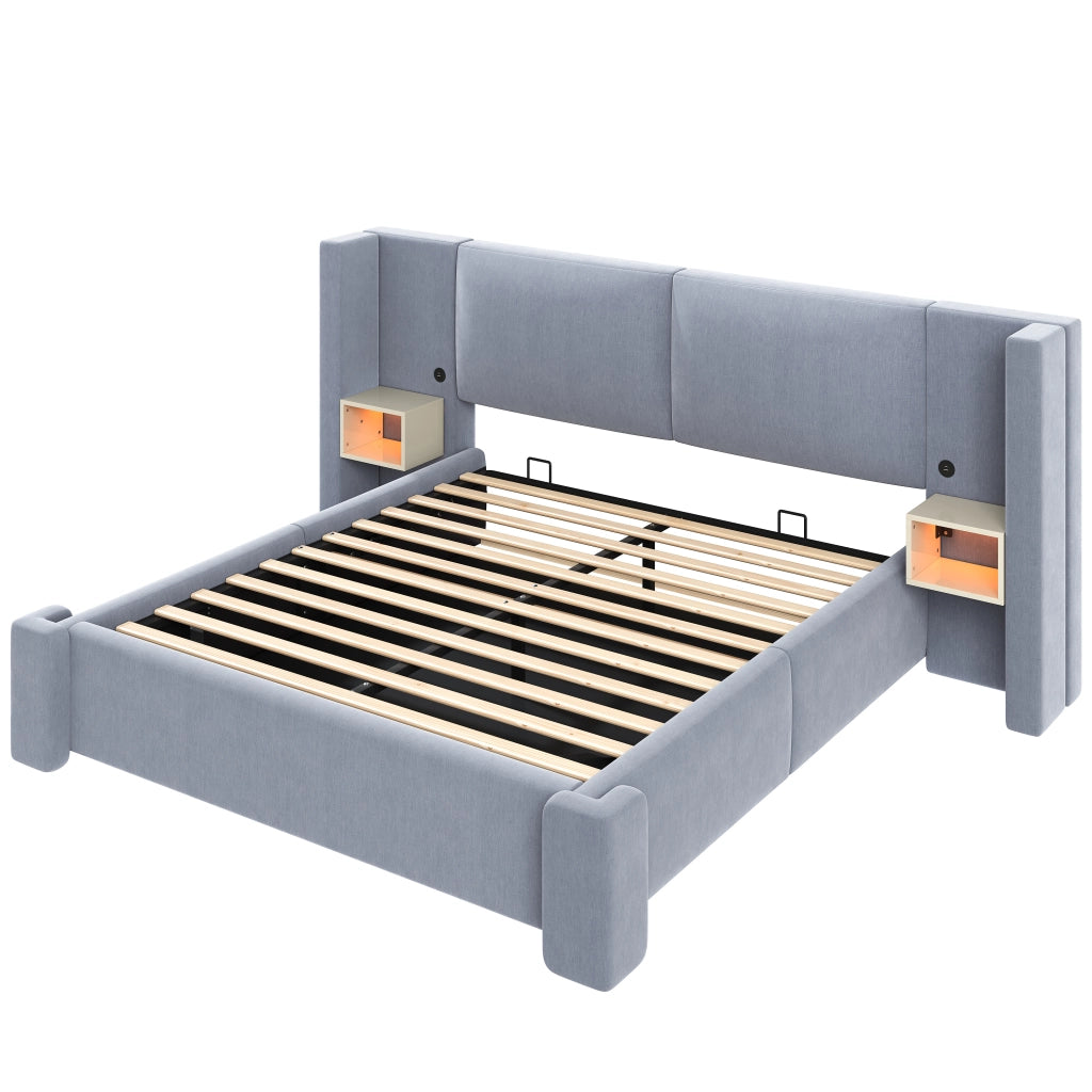 Letto contenitore 140x200 cm imbottito in lino grigio con sollevamento idraulico e LED