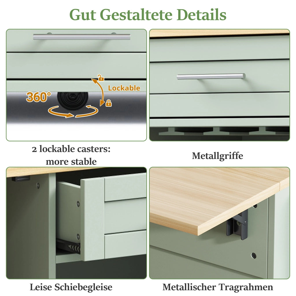 CARRELLO CUCINA CON PIANO ALLUNGABILE 138x45/70x92 cm Verde Antico MDF