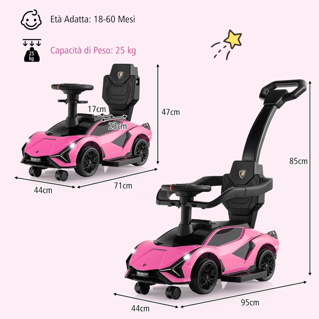 3 in 1 Auto da Spinta, Auto Scorrevole con Paracolpi e Manubrio Rimovibili Musica e Fari, Spazio di Stoccaggio Nascosto e Ruote Universali Staccabili, Bambini 18-24 Mesi (Rosa)