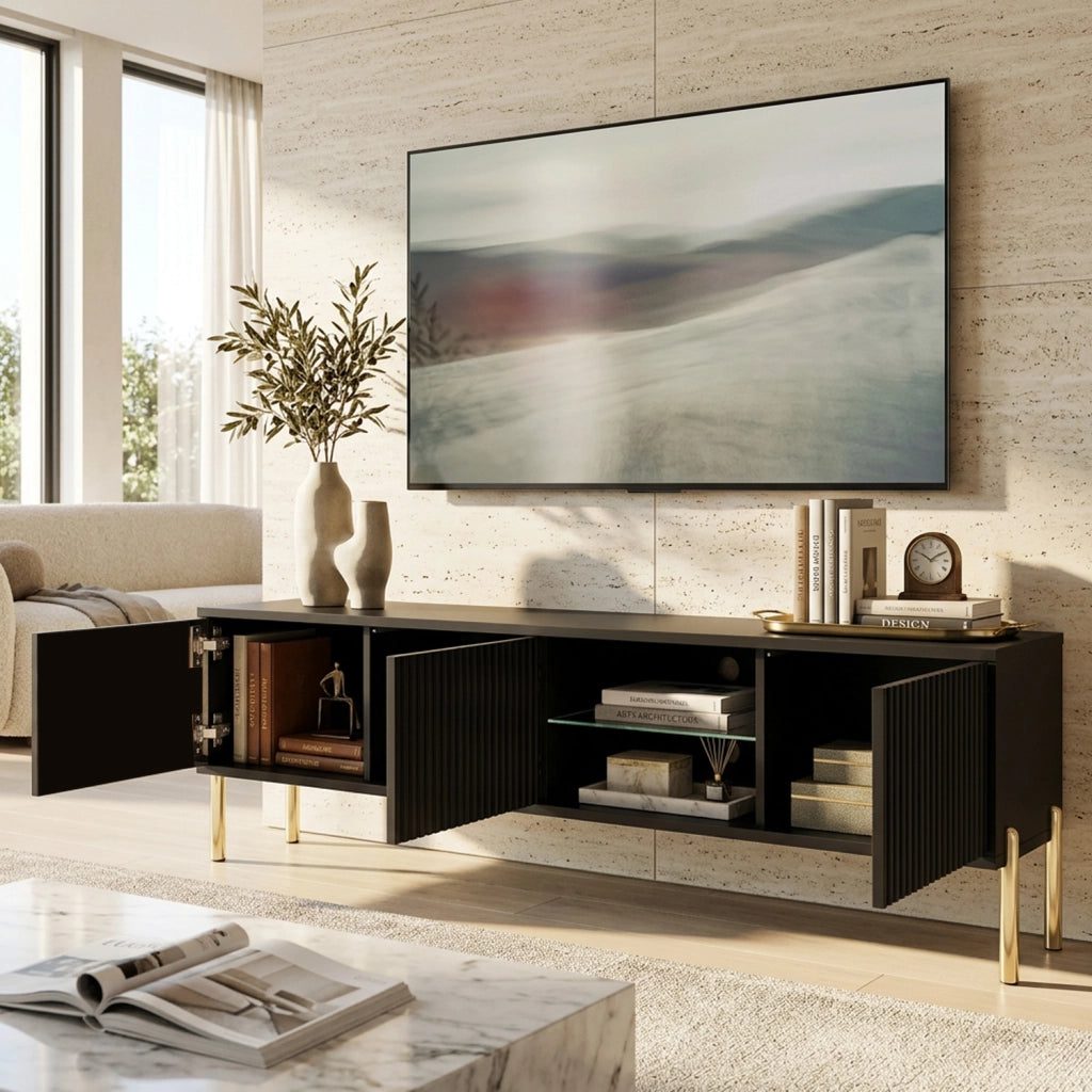 Mobile Porta TV Moderno Con 3 Ante Finitura A Doghe Verticali Vano Centrale Con Passacavi Struttura In Melaminico Per Soggiorno Salotto Design Moderno 175 X 31 X 47 Cm Nero