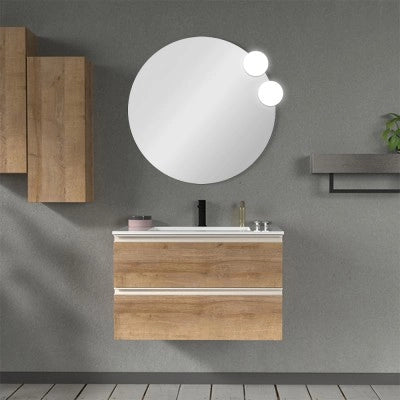 Mobile bagno sospeso 80 cm rovere miele con lavabo e specchio tondo Master