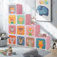 Armadio portatile per bambini, Armadio con 12 cubi con 2 sezioni appendibili com¨° con cartoon Rosa-Scaffalature