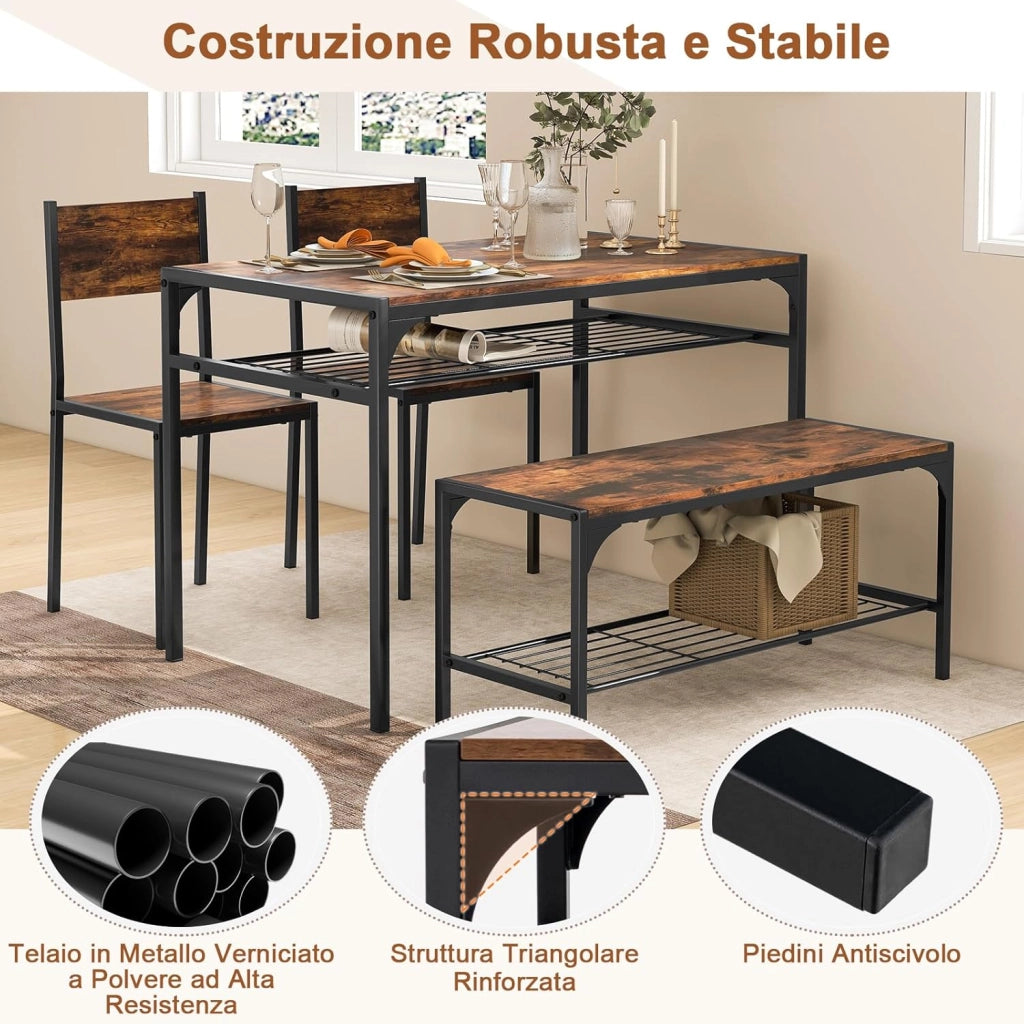 Set da Pranzo 4 Pezzi, Tavolo da Pranzo Industriale con 2 Sedie e Panca, Mobili da Cucina con Telaio in Metallo, Ripiano Portaoggetti(Marrone)