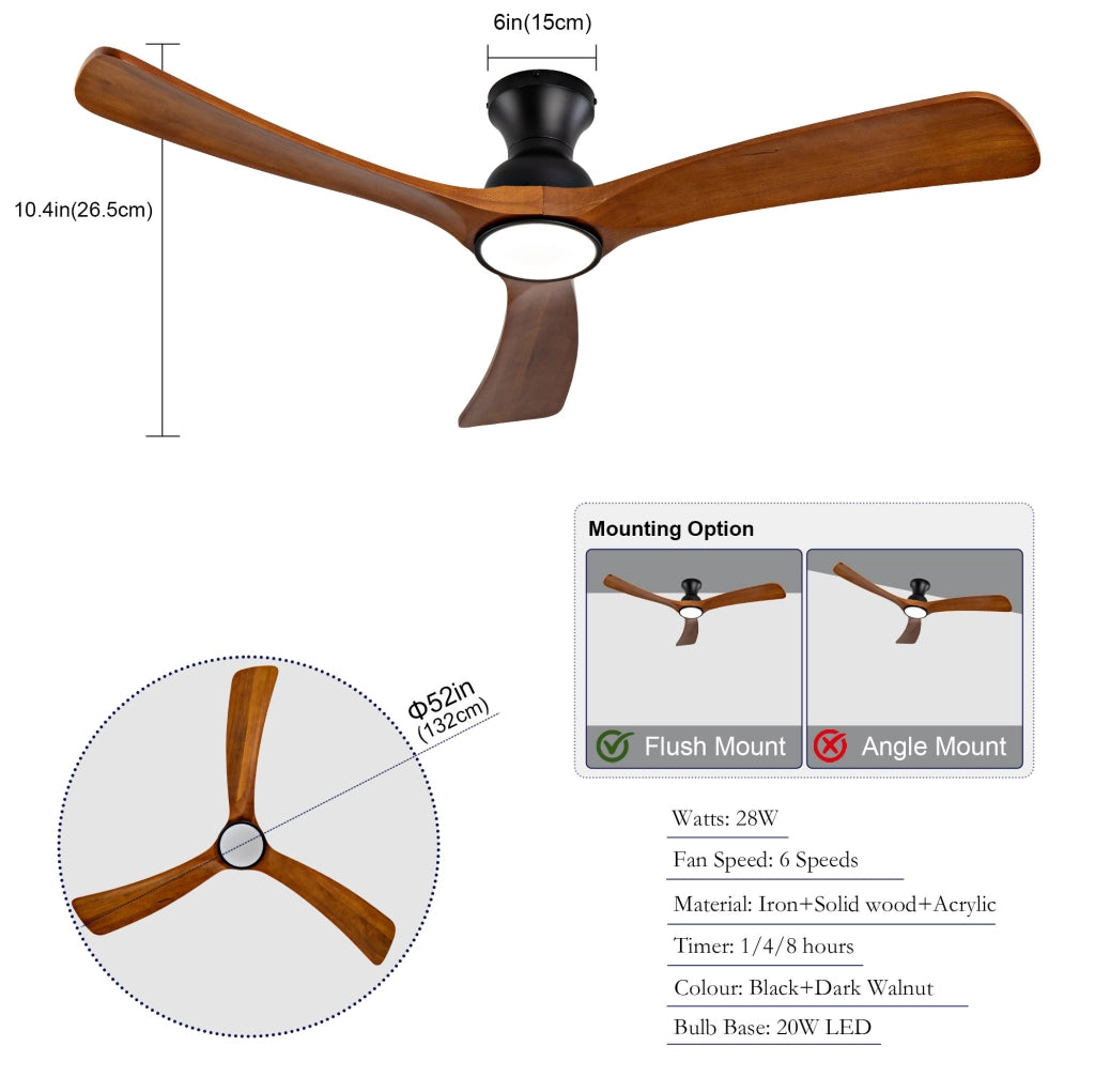 Ventilatore da soffitto con luce LED; 52 pollici; 3 pale in legno noce scuro; nero
