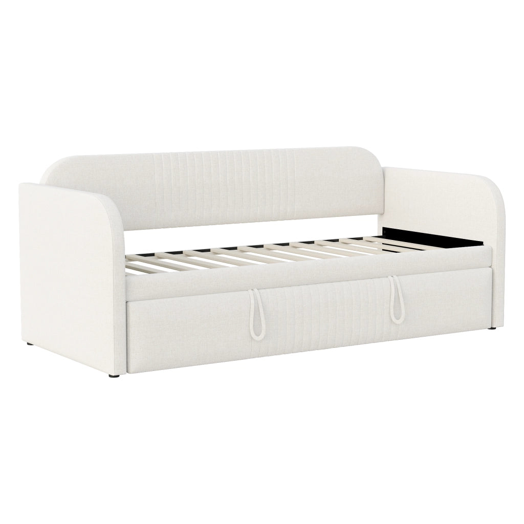 Divano letto imbottito allungabile 90/180x190 cm Beige con rete a doghe, tessuto in lino, senza materasso
