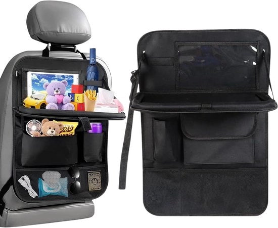 Autostoelbeschermer con organizzatore e tavolo pieghevole - Nero - Idrorepellente - Adatto per tablet iPad - Adatto per bambini - Spazioso e duraturo - Accessorio per viaggi in auto - 105 pollici - Tascabili - Migliore compagno di viaggio