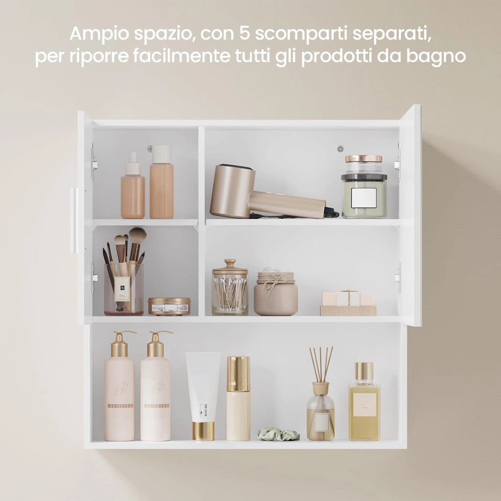 Armadietto da Bagno con Specchio e Anta, Mobiletto Sospeso con 5 Scomparti, Pensile da Cucina, Soggiorno, Camera da Letto, in MDF e Metallo, Bianco