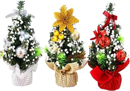 Set di 3 Mini Alberi di Natale in Legno con Tavoliere e Ornamenti per Decorazione di Natale per la Casa