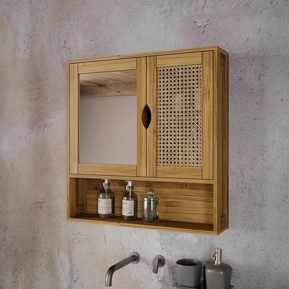 Mobile a specchio per il bagno Liora, Bambù, 56 x 58 cm con specchio, per la conservazione di articoli da bagno e asciugamani